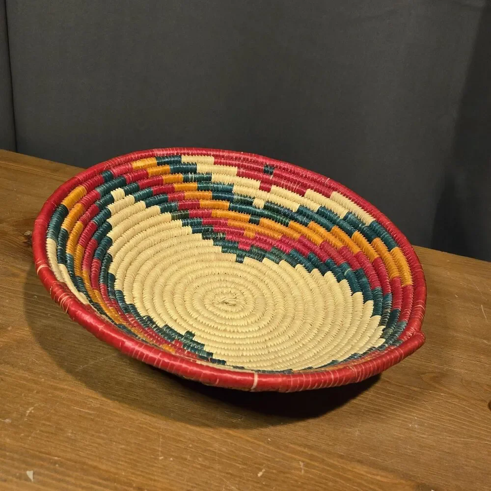 Colorful Swirl Natural Fiber Woven Straw Basket, Uganda 11.5
